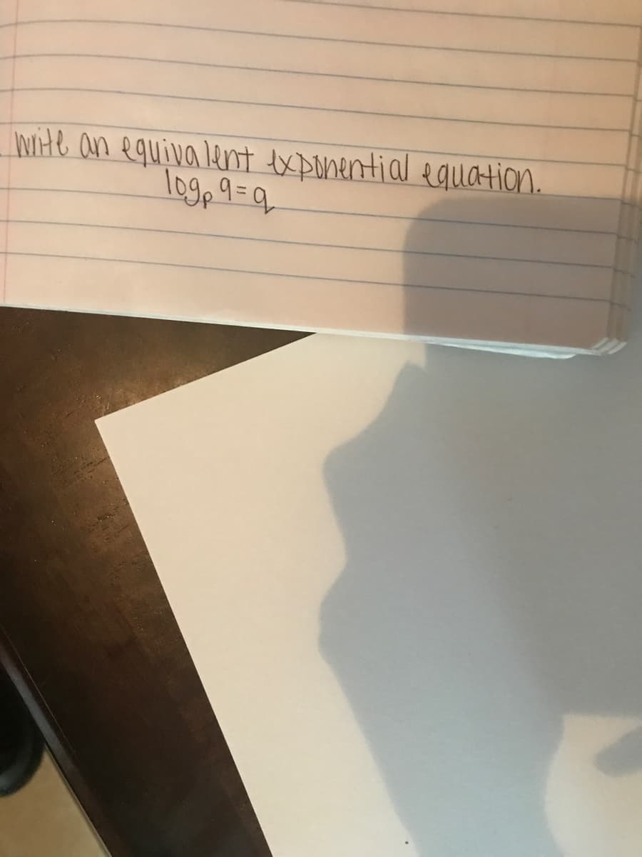 write an equivalent exponential equation.
logp 9=q