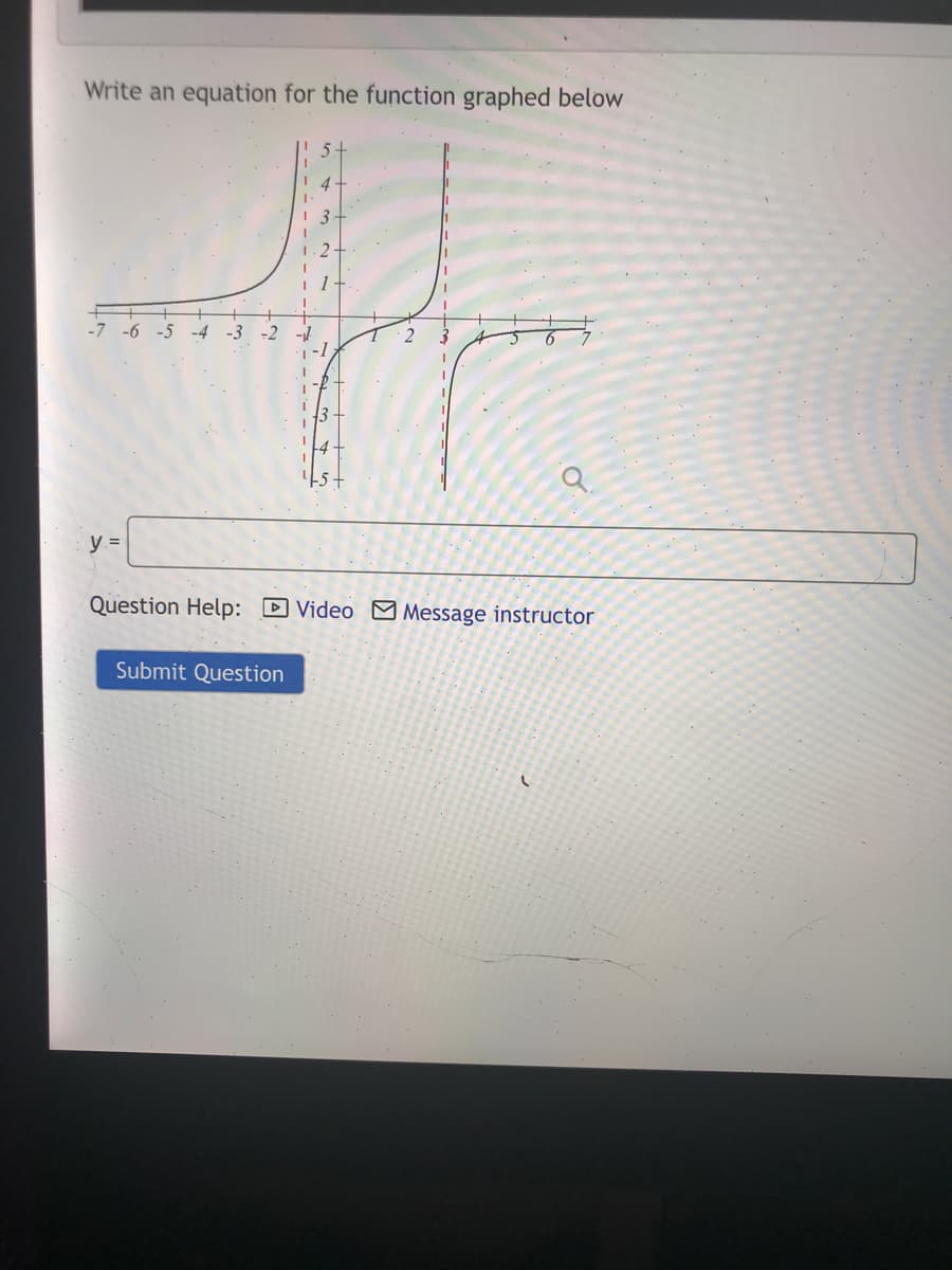 Write an equation for the function graphed below
5:
-7
-6
-5
-4
-3
-2
y =
Question Help: D Video M Message instructor
Submit Question
