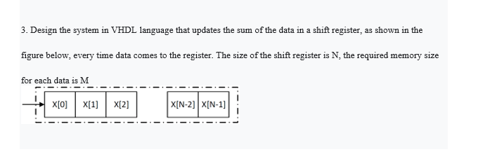 3. Design the system in VHDL language that updates the sum of the data in a shift register, as shown in the
figure below, every time data comes to the register. The size of the shift register is N, the required memory size
for each data is M
X[0] X[1]
X[2]
X[N-2] X[N-1]
