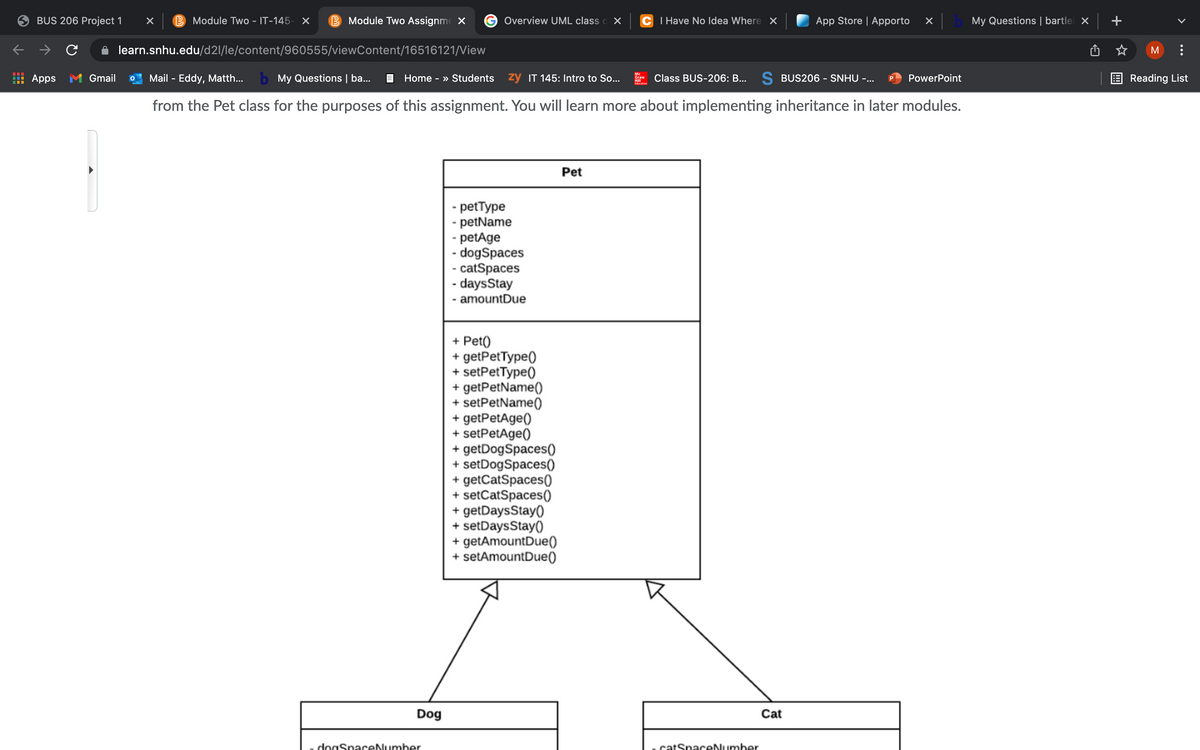 Wtion
BUS 206 Project 1
B Module Two - IT-145- X
B Module Two Assignme X
Overview UML class c X
C I Have No Idea Where X
App Store | Apporto
My Questions | bartlel x
learn.snhu.edu/d2l/le/content/960555/viewContent/16516121/View
Apps M Gmail
Mail - Eddy, Matth...
b My Questions | ba...
E Home - » Students
zy IT 145: Intro to So...
Class BUS-206: B... S BUS206 - SNHU -...
PowerPoint
E Reading List
>>
Graw
from the Pet class for the purposes of this assignment. You will learn more about implementing inheritance in later modules.
Pet
- petType
- petName
- petAge
- dogSpaces
- catSpaces
- daysStay
- amountDue
+ Pet()
+ getPetType()
+ setPetType()
+ getPetName()
+ setPetName()
+ getPetAge()
+ setPetAge()
+ getDogSpaces()
+ setDogSpaces()
+ getCatSpaces(0
+ setCatSpaces0
+ getDaysStay()
+ setDaysStay()
+ getAmountDue()
+ setAmountDue(0
Dog
Cat
dogSpacceNumber
catSpaceNumber
>
