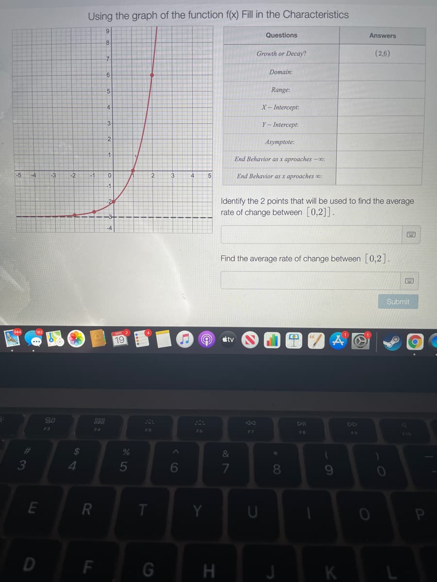 Using the graph of the function f(x) Fill in the Characteristics
Questions
Answers
Growth or Decay?
(2,6)
-7-
Domain:
6
-5
Range:
X – Intercept:
3-
Y- Intercept:
2
Asymptote:
End Behavior as x aproaches -0:
-5
-4
-3
-2
4
5
End Behavior as x aproaches o:
-1-
Identify the 2 points that will be used to find the average
rate of change between [0,2]].
Find the average rate of change between [0,2].
Submit
19
étv
80
DII
DD
E3
F5
F7
FB
F9
F10
2$
*
3
4.
5
6
7
80
10
E
T
Y
D
F
H
K
RI
