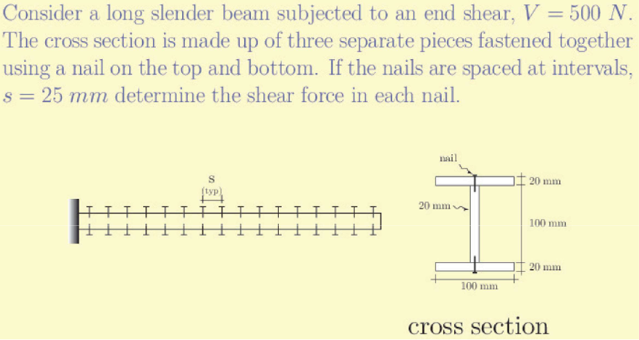 Consider a long slender beam subjected to an end shear, V = 500 N.
The cross section is made up of three separate pieces fastened together
using a nail on the top and bottom. If the nails are spaced at intervals,
s = 25 mm determine the shear force in each nail.
nail
S
20 mm
(typ)
20 mm
100 mm
20 mm
100 mm
cross section
