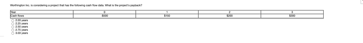 Worthington Inc. is considering a project that has the following cash flow data. What is the project's payback?
Year
Cash flows
3
-$500
$150
$200
$300
O 2.03 years
O 2.25 years
O 2.50 years
O 2.75 years
O 3.03 years
