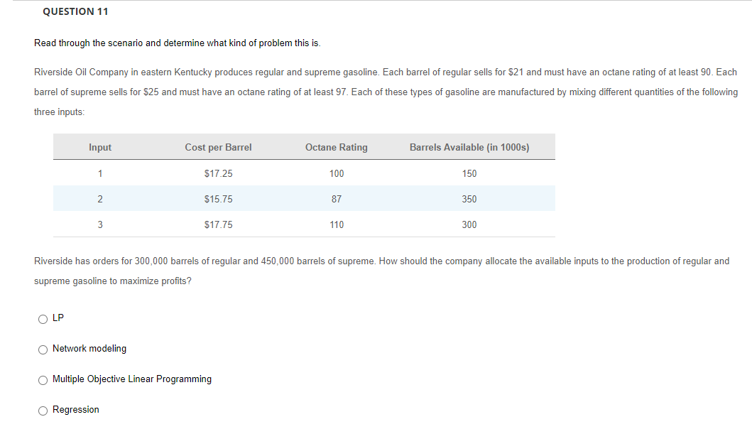 QUESTION 11
Read through the scenario and determine what kind of problem this is.
Riverside Oil Company in eastern Kentucky produces regular and supreme gasoline. Each barrel of regular sells for $21 and must have an octane rating of at least 90. Each
barrel of supreme sells for $25 and must have an octane rating of at least 97. Each of these types of gasoline are manufactured by mixing different quantities of the following
three inputs:
Input
Cost per Barrel
Octane Rating
Barrels Available (in 1000s)
1
$17.25
100
150
$15.75
87
350
3
$17.75
110
300
Riverside has orders for 300,000 barrels of regular and 450,000 barrels of supreme. How should the company allocate the available inputs to the production of regular and
supreme gasoline to maximize profits?
O LP
O Network modeling
O Multiple Objective Linear Programming
O Regression
