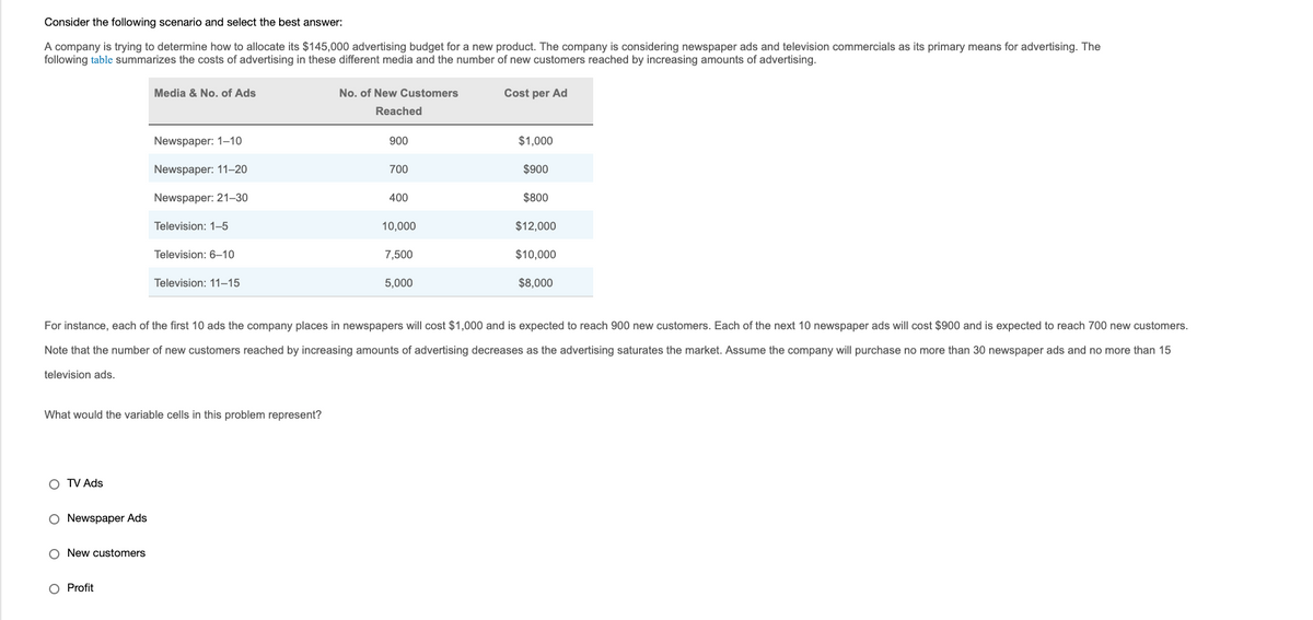 Consider the following scenario and select the best answer:
A company is trying to determine how to allocate its $145,000 advertising budget for a new product. The company is considering newspaper ads and television commercials as its primary means for advertising. The
following table summarizes the costs of advertising in these different media and the number of new customers reached by increasing amounts of advertising.
Media & No. of Ads
No. of New Customers
Cost per Ad
Reached
Newspaper: 1–10
900
$1,000
Newspaper: 11–20
700
$900
Newspaper: 21–30
400
$800
Television: 1-5
10,000
$12,000
Television: 6–10
7,500
$10,000
Television: 11–15
5,000
$8,000
For instance, each of the first 10 ads the company places in newspapers will cost $1,000 and is expected to reach 900 new customers. Each of the next 10 newspaper ads will cost $900 and is expected to reach 700 new customers.
Note that the number of new customers reached by increasing amounts of advertising decreases as the advertising saturates the market. Assume the company will purchase no more than 30 newspaper ads and no more than 15
television ads.
What would the variable cells in this problem represent?
O TV Ads
O Newspaper Ads
O New customers
O Profit
