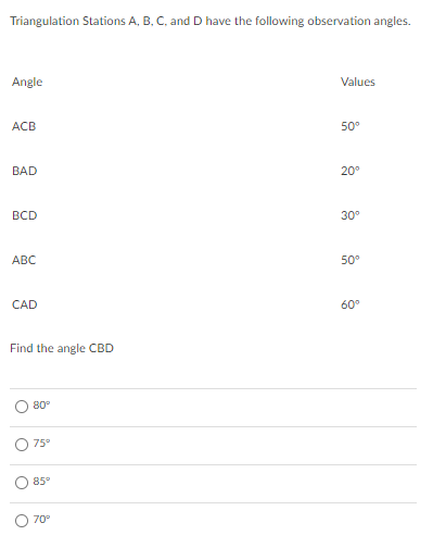Triangulation Stations A, B, C, and D have the following observation angles.
Angle
Values
ACB
50°
BAD
20°
BCD
30°
АВС
50°
CAD
60°
Find the angle CBD
80°
75°
85°
70°
