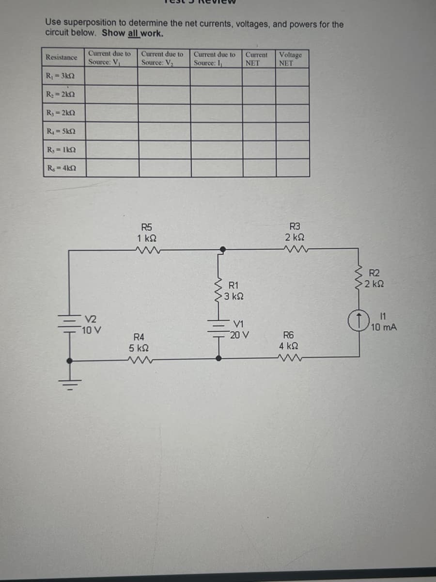 Use superposition to determine the net currents, voltages, and powers for the
circuit below. Show all work.
Resistance
Current due to
Source: V₁
Current due to
Source: V₂
Current due to
Source: I
Current
NET
Voltage
NET
R₁ =3k
R₂=2k2
R3 = 2ΚΩ
R₁ = 5k
R, = ΙΚΩ
R6=4kQ
√2
10 V
R5
1 ΚΩ
R1
• 3 ΚΩ
R3
2 ΚΩ
R4
5 ΚΩ
V1
20 V
R6
4 ΚΩ
w
R2
>2 kB
ΚΩ
11
10 mA