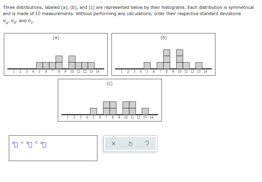 Three distributions, labeled (a), (b), and (c) are represented below by their histograms. Each distribution is symmetrical
and is made of 10 measurements. Without performing any calculations, order their respective standard deviations
ar and o
(a)
1 2 3 4 5 6 7 8 9 10 11 12 13 14
000
(c)
1 2 3 4 5 6 7 8 9 10 11 12 13 14
1 2 3 4 5 6 7 8 9 10 11 12 13 14
(b)
X Ś ?