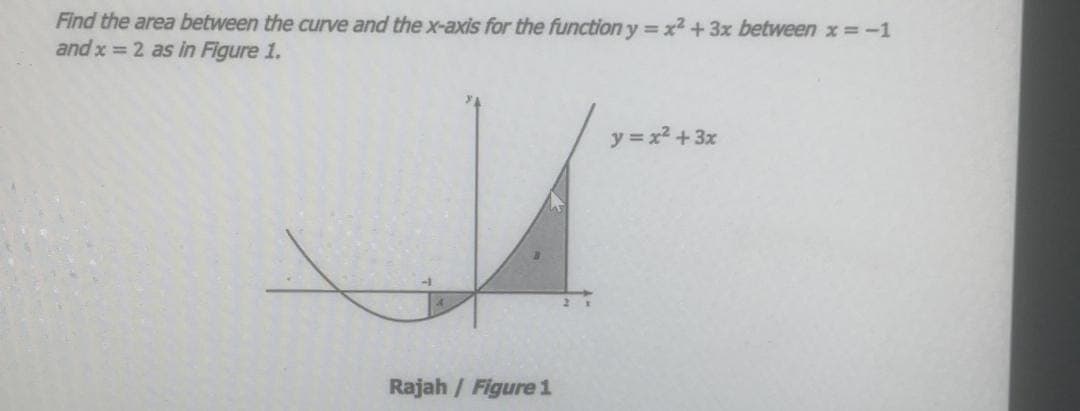 Find the area between the curve and the x-axis for the function y = x2 +3x between x= -1
and x = 2 as in Figure 1.
y = x2 + 3x
Rajah / Figure 1
