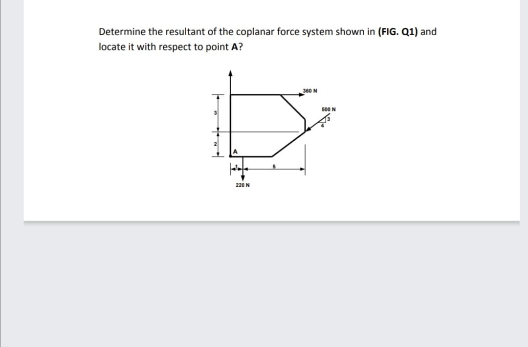 Determine the resultant of the coplanar force system shown in (FIG. Q1) and
locate it with respect to point A?
360 N
500 N
220 N

