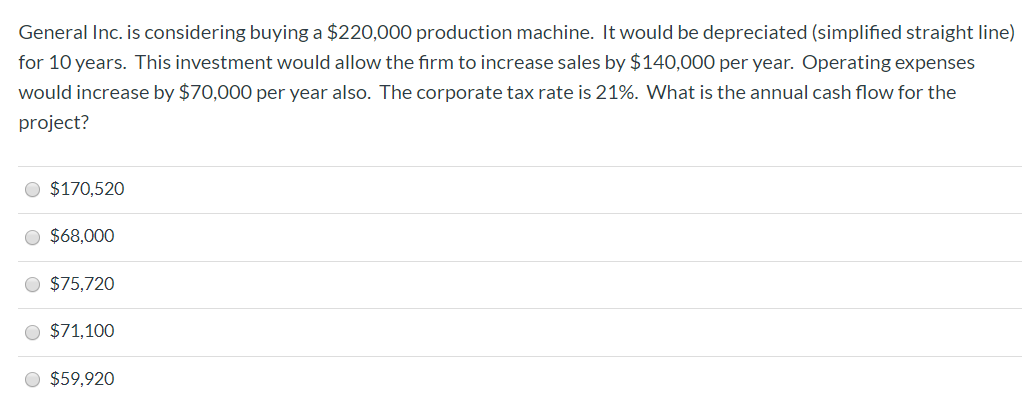 General Inc. is considering buying a $220,000 production machine. It would be depreciated (simplified straight line)
for 10 years. This investment would allow the firm to increase sales by $140,000 per year. Operating expenses
would increase by $70,000 per year also. The corporate tax rate is 21%. What is the annual cash flow for the
project?
$170,520
$68,000
$75,720
$71,100
$59,920
