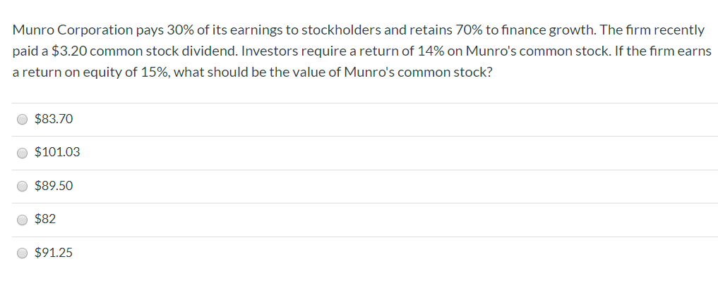 Munro Corporation pays 30% of its earnings to stockholders and retains 70% to finance growth. The firm recently
paid a $3.20 common stock dividend. Investors require a return of 14% on Munro's common stock. If the firm earns
a return on equity of 15%, what should be the value of Munro's common stock?
$83.70
$101.03
$89.50
$82
$91.25
