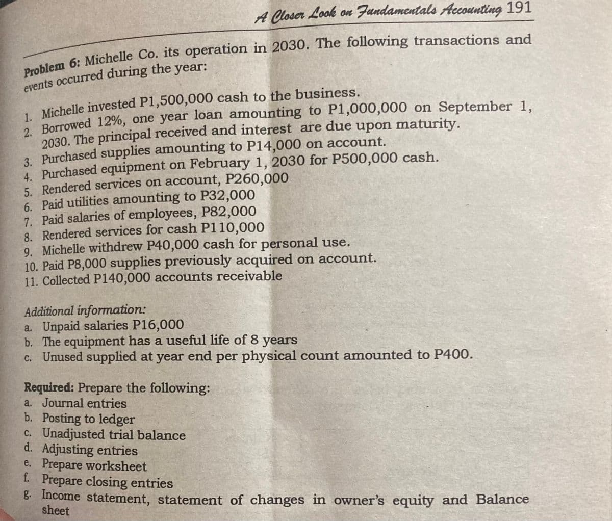 A Closer Look on Fundamentals Accounting 191
Problem 6: Michelle Co. its operation in 2030. The following transactions and
events occurred during the year:
1. Michelle invested P1,500,000 cash to the business.
2. Borrowed 12%, one year loan amounting to P1,000,000 on September 1,
2030. The principal received and interest are due upon maturity.
3. Purchased supplies amounting to P14,000 on account.
4. Purchased equipment on February 1, 2030 for P500,000 cash.
5. Rendered services on account, P260,000
6. Paid utilities amounting to P32,000
7. Paid salaries of employees, P82,000
8. Rendered services for cash P110,000
9. Michelle withdrew P40,000 cash for personal use.
10. Paid P8,000 supplies previously acquired on account.
11. Collected P140,000 accounts receivable
Additional information:
a. Unpaid salaries P16,000
b. The equipment has a useful life of 8 years
c. Unused supplied at year end per physical count amounted to P400.
Required: Prepare the following:
a. Journal entries
b. Posting to ledger
c. Unadjusted trial balance
d. Adjusting entries
e. Prepare worksheet
f. Prepare closing entries
g. Income statement, statement of changes in owner's equity and Balance
sheet