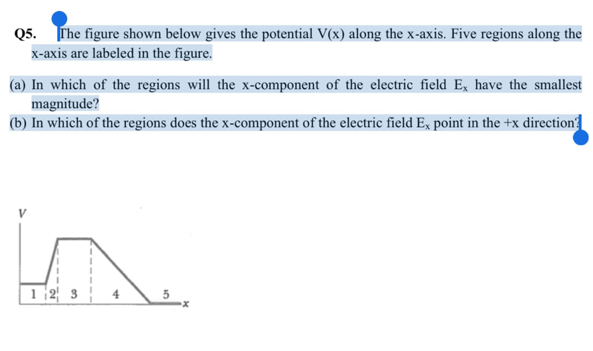 Q5.
The figure shown below gives the potential V(x) along the x-axis. Five regions along the
x-axis are labeled in the figure.
(a) In which of the regions will the x-component of the electric field Ex have the smallest
magnitude?
(b) In which of the regions does the x-component of the electric field Ex point in the +x direction?
in
1 2 3
4
