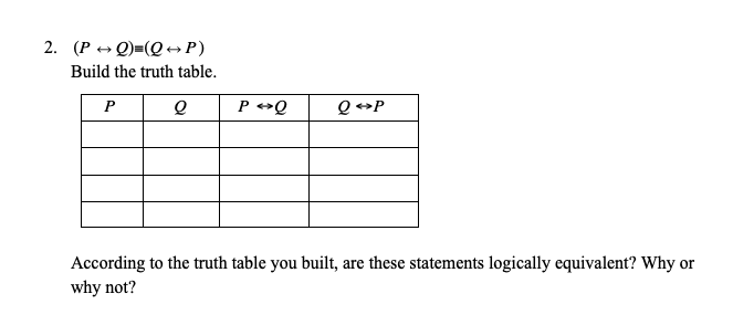 2. (P + Q)=(Q→P)
Build the truth table.
P
P +Q
Q +P
According to the truth table you built, are these statements logically equivalent? Why or
why not?

