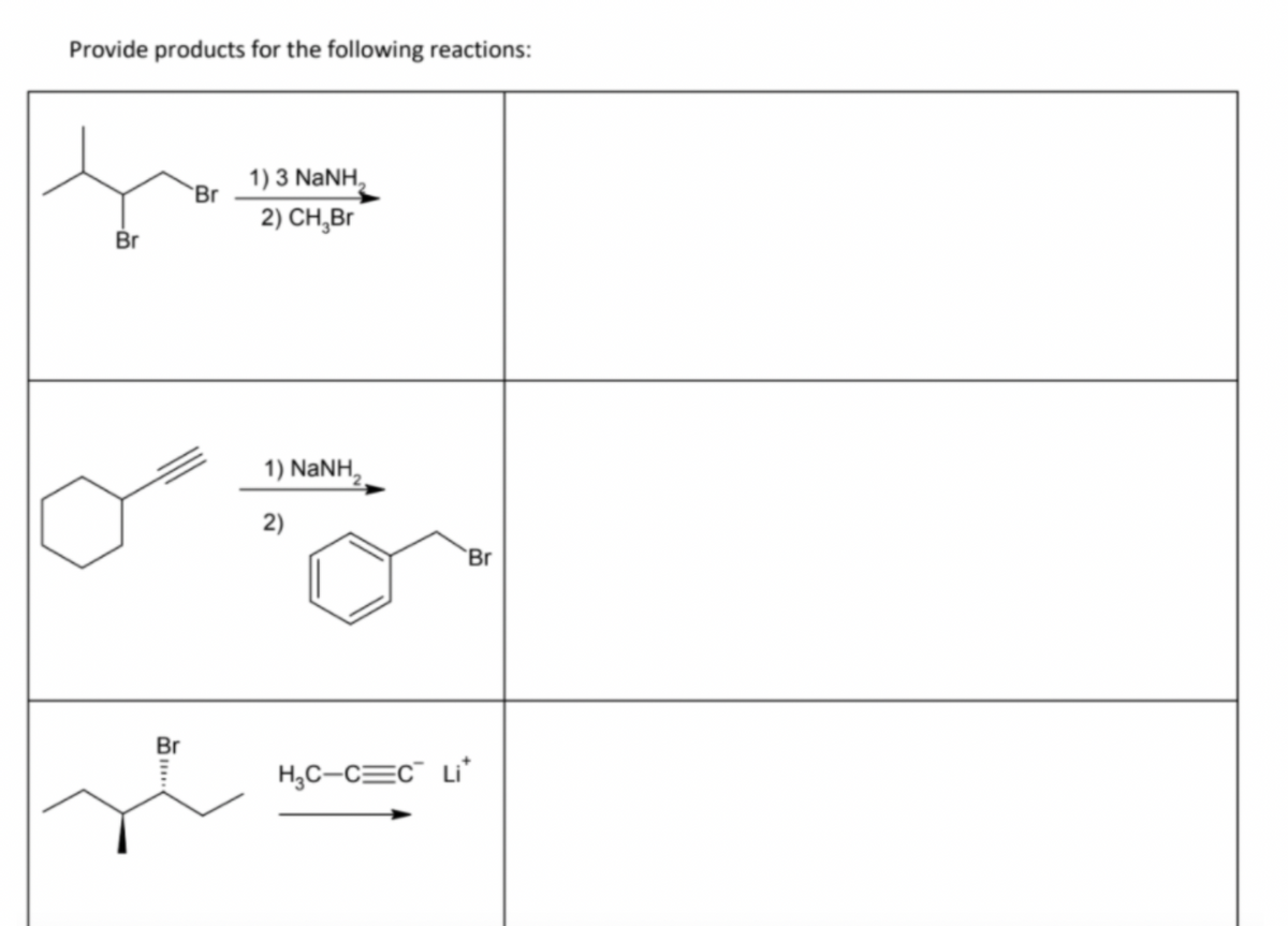 Provide products for the following reactions:
1) 3 NaNH,
`Br
2) CH,Br
Br
1) NANH,
2)
`Br
Br
H,C-C=c¯ Li*
