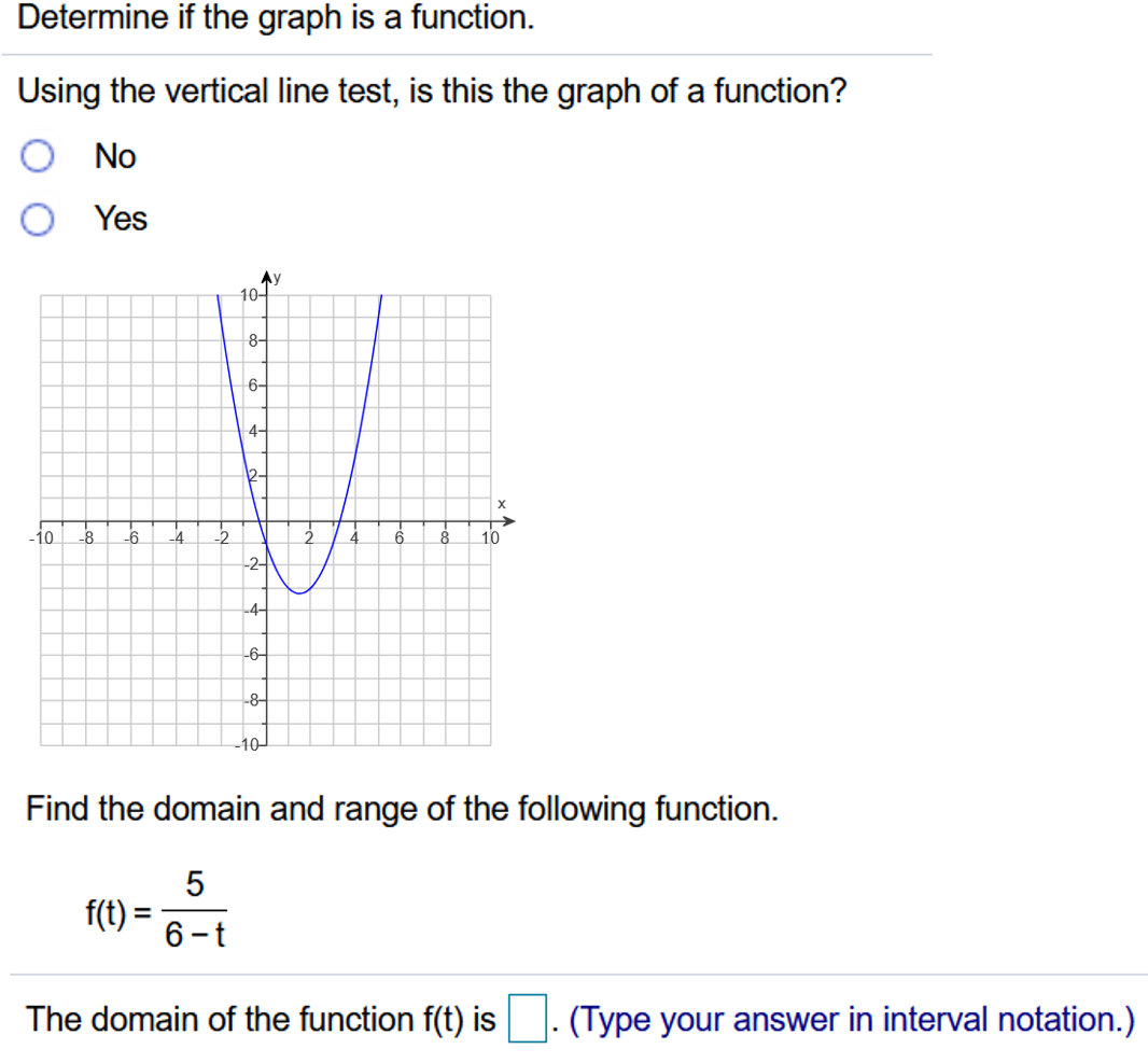 Determine if the graph is a function.
Using the vertical line test, is this the graph of a function?
O No
O Yes
AY
10어
8-
6-
4-
2-
6.
8.
10
-2-
4-
-6-
-8-
-10
Find the domain and range of the following function.
5
f(t) =
6-t
The domain of the function f(t) is . (Type your answer in interval notation.)
