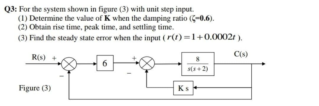 Q3: For the system shown in figure (3) with unit step input.
(1) Determine the value of K when the damping ratio (=0.6).
(2) Obtain rise time, peak time, and settling time.
(3) Find the steady state error when the input ( r(t) =1+0.0002t ).
R(s) +
C(s)
8
6.
s(s +2)
Figure (3)
Ks
