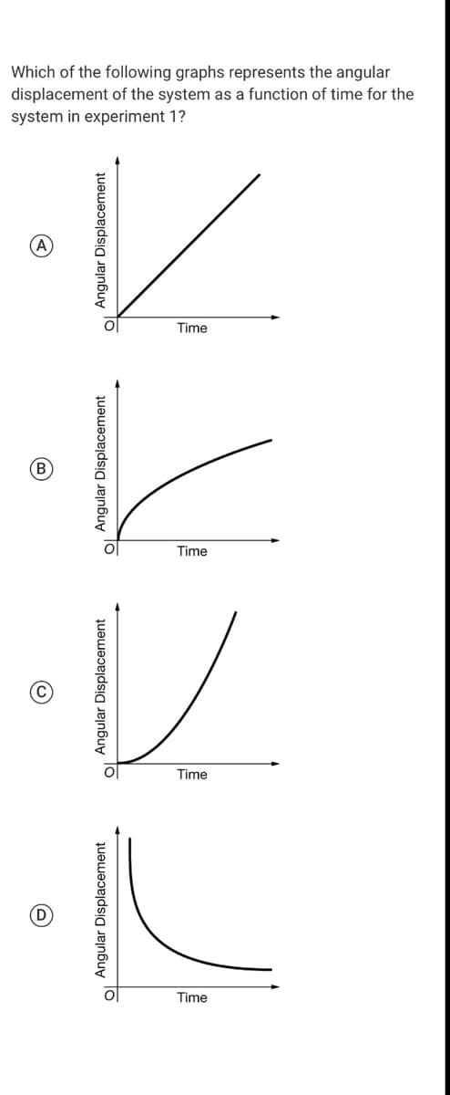 Which of the following graphs represents the angular
displacement of the system as a function of time for the
system in experiment 1?
Time
(B
Time
Time
D
Time
O Angular Displacement
OI Angular Displacement
Angular Displacement
OI Angular Displacement
