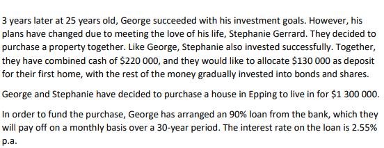 3 years later at 25 years old, George succeeded with his investment goals. However, his
plans have changed due to meeting the love of his life, Stephanie Gerrard. They decided to
purchase a property together. Like George, Stephanie also invested successfully. Together,
they have combined cash of $220 000, and they would like to allocate $130 000 as deposit
for their first home, with the rest of the money gradually invested into bonds and shares.
George and Stephanie have decided to purchase a house in Epping to live in for $1 300 000.
In order to fund the purchase, George has arranged an 90% loan from the bank, which they
will pay off on a monthly basis over a 30-year period. The interest rate on the loan is 2.55%
p.a.