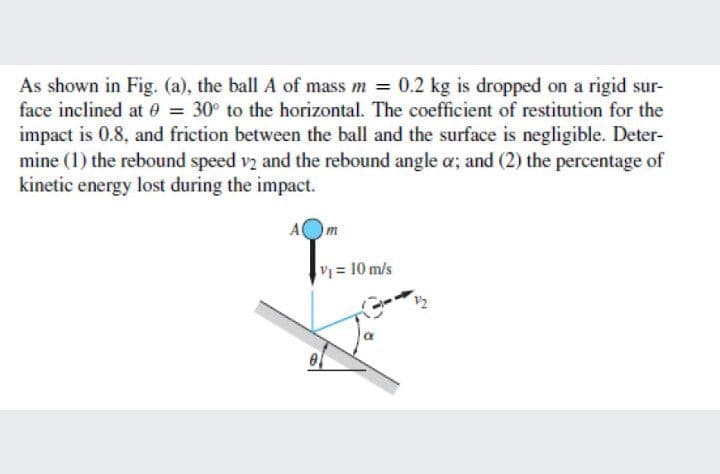 As shown in Fig. (a), the ball A of mass m = 0.2 kg is dropped on a rigid sur-
face inclined at e = 30° to the horizontal. The coefficient of restitution for the
impact is 0.8, and friction between the ball and the surface is negligible. Deter-
mine (1) the rebound speed v2 and the rebound angle a; and (2) the percentage of
kinetic energy lost during the impact.
m
= 10 m/s
