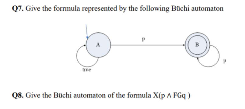Q7. Give the forrmula represented by the following Büchi automaton
true
Q8. Give the Büchi automaton of the formula X(p ^ FGq )
