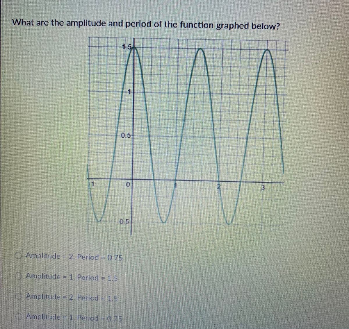 What are the amplitude and period of the function graphed below?
1.5
0.5
1.
3.
-0.5
O Amplitude - 2, Period 0.75
OAmplitude - 1. Period 1,5
Amplitude - 2. Period = 1,5
Amplitude 1 Peried = 0.75
