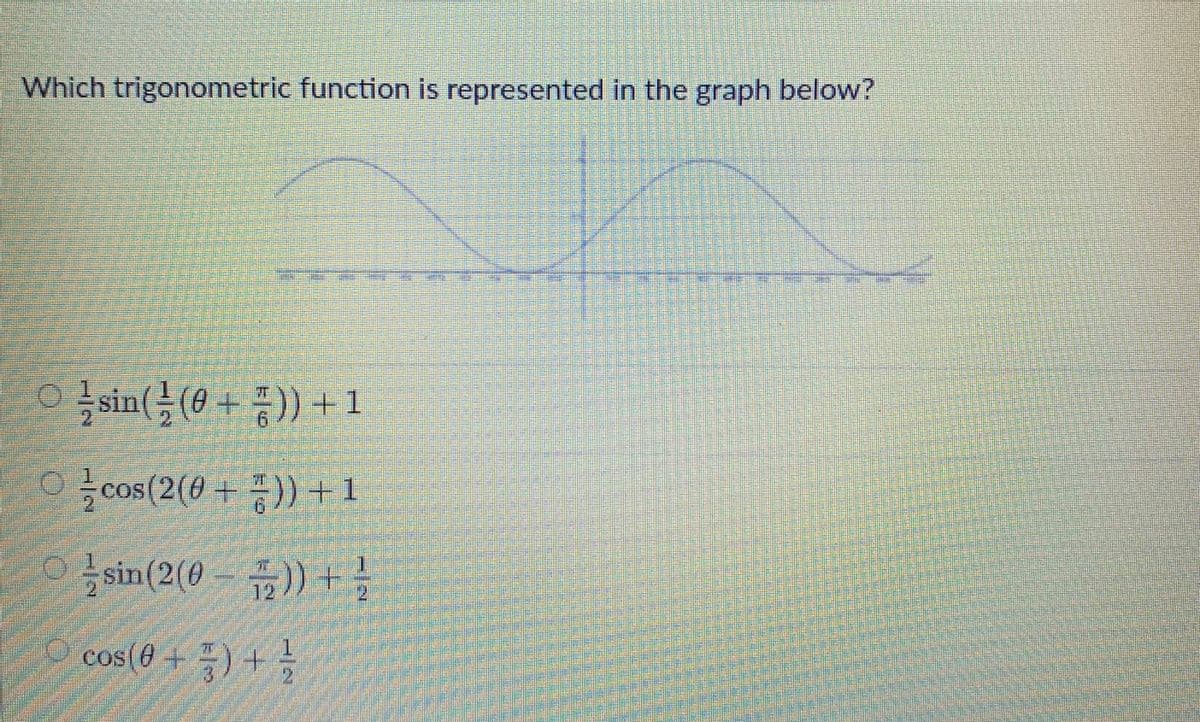 Which trigonometric function is represented in the graph below?
ㅇ 글sin(금 (8+
증)) + 1
9.
○ 금cos(2(8 + 풍) + 1
9.
Osin(2(0
12
cos(0 + 플) + 늦
1.
