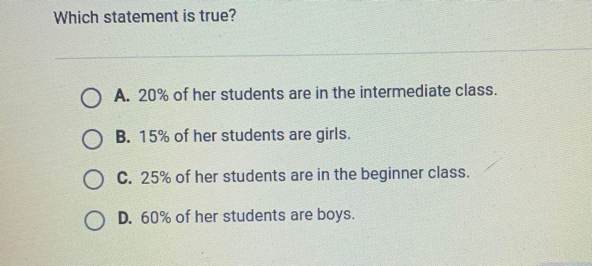 Which statement is true?
O A. 20% of her students are in the intermediate class.
O B. 15% of her students are girls.
C. 25% of her students are in the beginner class.
O D. 60% of her students are boys.
