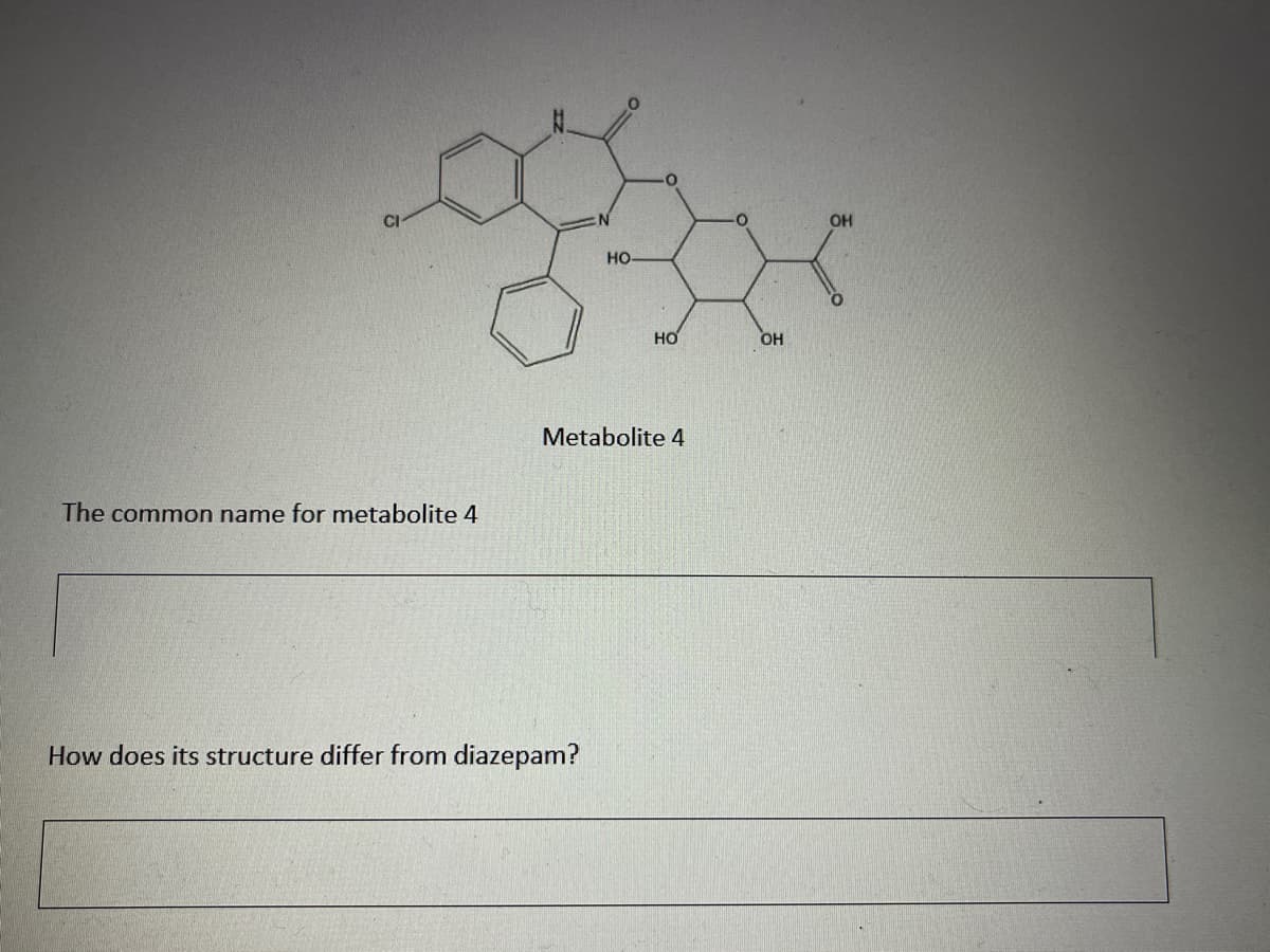 HO-
HO
Metabolite 4
The common name for metabolite 4
How does its structure differ from diazepam?
OH
OH