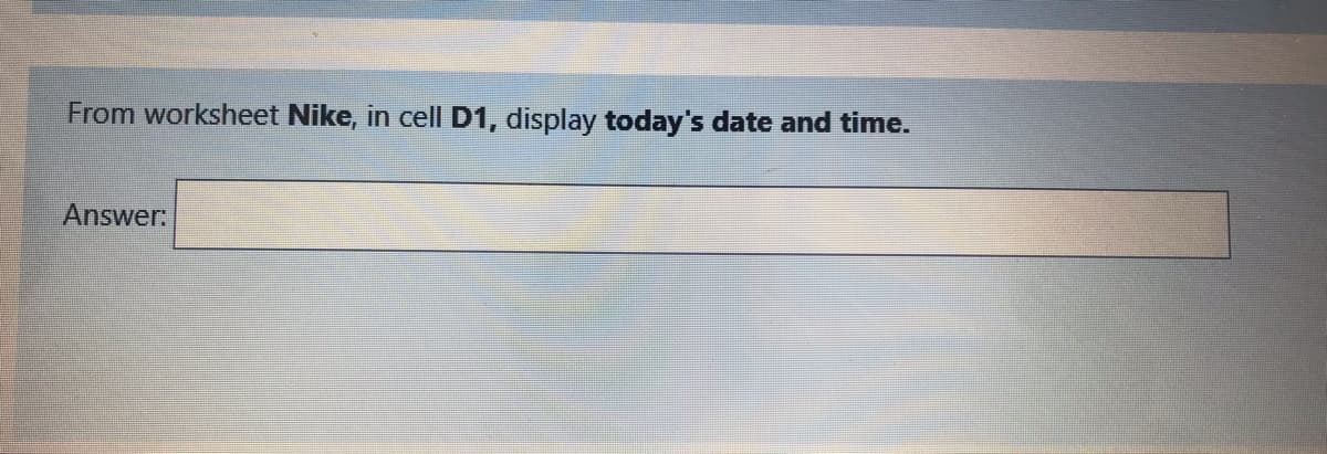 From worksheet Nike, in celI D1, display today's date and time.
Answer:
