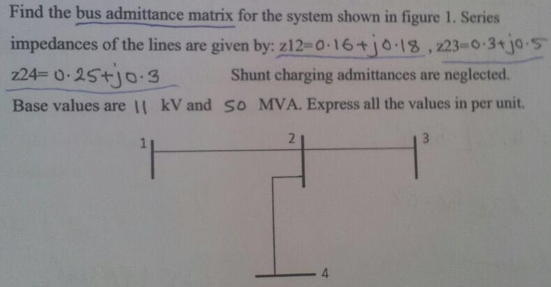 Find the bus admittance matrix for the system shown in figure 1. Series
impedances of the lines are given by: z12-0·16+j0·18, 223=0·3+jo.5
224-0.25+jo.3 Shunt charging admittances are neglected.
Base values are 1 kV and So MVA. Express all the values in per unit.
3
F
2
4