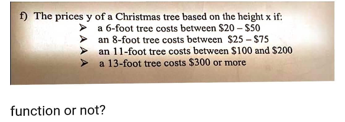 f) The prices y of a Christmas tree based on the height x if:
a 6-foot tree costs between $20 – $50
an 8-foot tree costs between $25 – $75
an 11-foot tree costs between $100 and $200
a 13-foot tree costs $300 or more
function or not?
