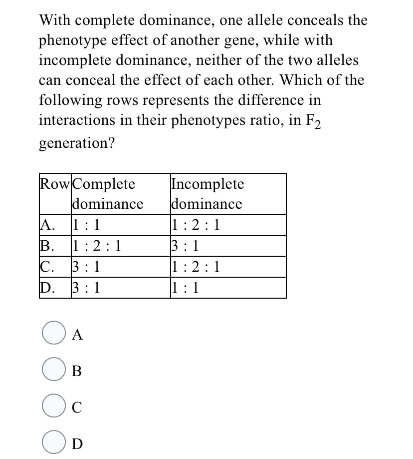 With complete dominance, one allele conceals the
phenotype effect of another gene, while with
incomplete dominance, neither of the two alleles
can conceal the effect of each other. Which of the
following rows represents the difference in
interactions in their phenotypes ratio, in F2
generation?
Row Complete
dominance
Incomplete
dominance
A.
|1:1
1:2:1
В.
1:2:1
3: 1
C.
D.
3: 1
1:2:1
3: 1
1:1
O A
C
OD
