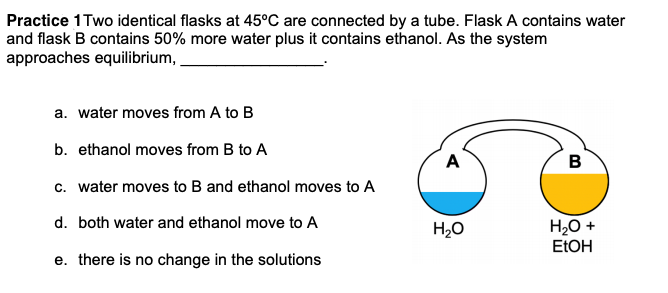 Practice 1Two identical flasks at 45°C are connected by a tube. Flask A contains water
and flask B contains 50% more water plus it contains ethanol. As the system
approaches equilibrium,
a. water moves from A to B
b. ethanol moves from B to A
A
B
c. water moves to B and ethanol moves to A
d. both water and ethanol move to A
H20 +
ELOH
H2O
e. there is no change in the solutions
