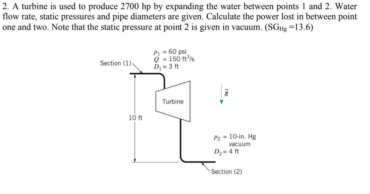 2. A turbine is used to produce 2700 hp by expanding the water between points 1 and 2. Water
flow rate, static pressures and pipe diameters are given. Calculate the power lost in between point
one and two. Note that the static pressure at point 2 is given in vacuum. (SGH =13.6)
P1 = 60 psi
Q = 150 ft³/s
D = 3 ft
Section (1)
Turbine
10 ft
P2
10-in. Hg
%3D
vacuum
D2 = 4 ft
Section (2)
