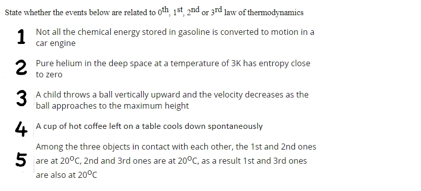 State whether the events below are related to oth 1st 2nd or 3rd law of thermodynamics
Not all the chemical energy stored in gasoline is converted to motion in a
1
car engine
2 Pure helium in the deep space at a temperature of 3K has entropy close
to zero
3 A child throws a ball vertically upward and the velocity decreases as the
ball approaches to the maximum height
4 A cup of hot coffee left on a table cools down spontaneously
Among the three objects in contact with each other, the 1st and 2nd ones
5 are at 20°C, 2nd and 3rd ones are at 20°C, as a result 1st and 3rd ones
are also at 20°C
