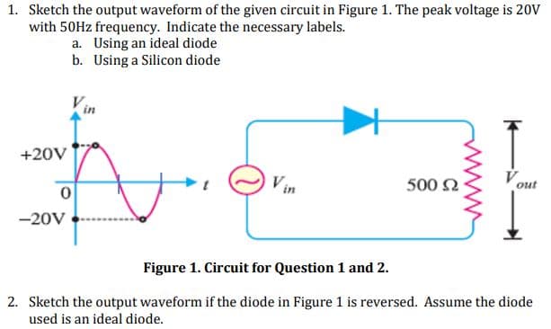1. Sketch the output waveform of the given circuit in Figure 1. The peak voltage is 20V
with 50HZ frequency. Indicate the necessary labels.
a. Using an ideal diode
b. Using a Silicon diode
Vin
+20V
Vin
500 2
out
-20V
Figure 1. Circuit for Question 1 and 2.
2. Sketch the output waveform if the diode in Figure 1 is reversed. Assume the diode
used is an ideal diode.
