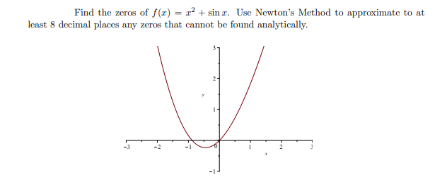 Find the zeros of f(x) = x² + sinz. Use Newton's Method to approximate to at
least 8 decimal places any zeros that cannot be found analytically.
V