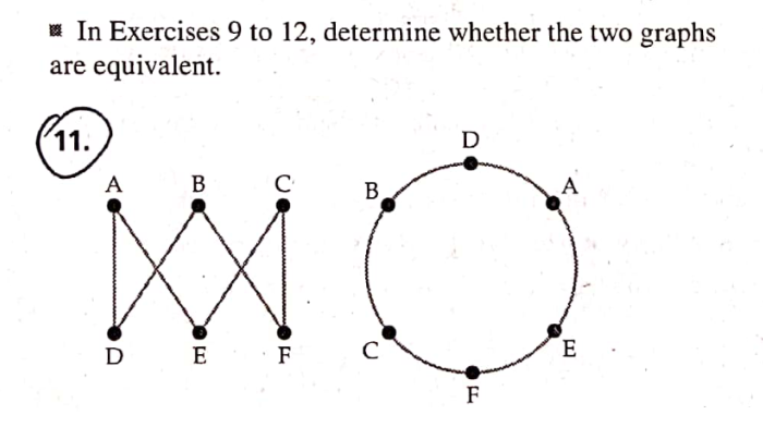In Exercises 9 to 12, determine whether the two graphs
are equivalent.
11.
D
A
B
C
B
A
D E F
с
E
F