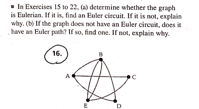 In Exercises 15 to 22, (a) determine whether the graph
is Eulerian. If it is, find an Euler circuit. If it is not, explain
why. (b) If the graph does not have an Euler circuit, does it
have an Euler path? If so, find one. If not, explain why.
16.
B
C
A
E
D