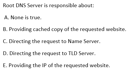 Root DNS Server is responsible about:
A. None is true.
B. Providing cached copy of the requested website.
C. Directing the request to Name Server.
D. Directing the request to TLD Server.
E. Providing the IP of the requested website.
