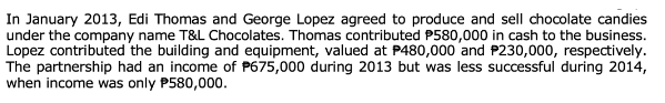 In January 2013, Edi Thomas and George Lopez agreed to produce and sell chocolate candies
under the company name T&L Chocolates. Thomas contributed P580,000 in cash to the business.
Lopez contributed the building and equipment, valued at P480,000 and P230,000, respectively.
The partnership had an income of P675,000 during 2013 but was less successful during 2014,
when income was only P580,000.