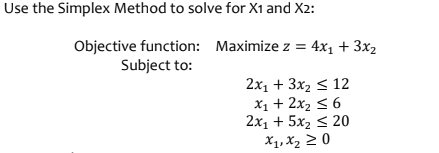 Use the Simplex Method to solve for X1 and X2:
Objective function: Maximize z = 4x₁ + 3x₂
Subject to:
2x₁ + 3x₂ ≤ 12
x₁ + 2x₂ ≤ 6
2x₁ + 5x₂ ≤ 20
X₁, X₂ ≥ 0