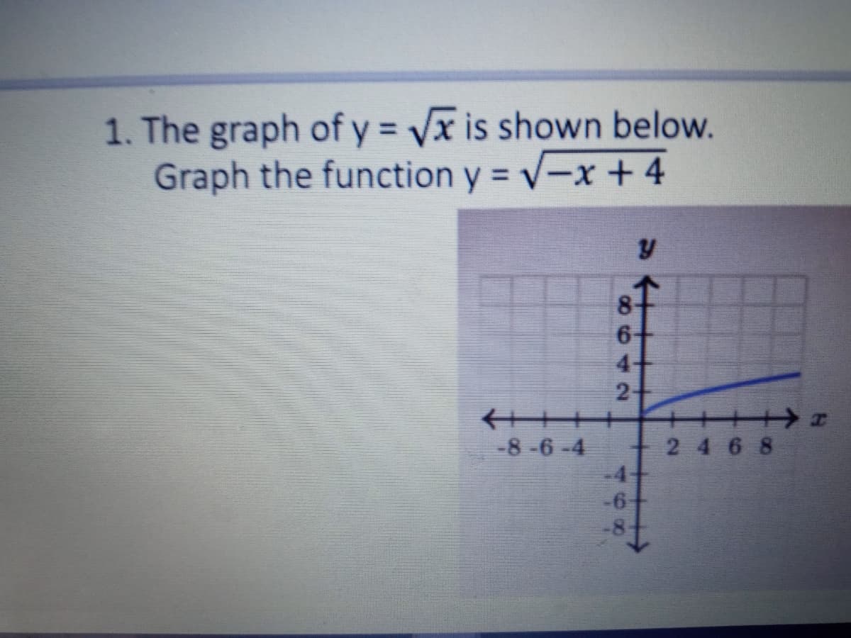 1. The graph of y = Vx is shown below.
Graph the function y = v-x + 4
%3D
2-
+→ェ
2 468
-4-
-6
-8-6-4
8642
