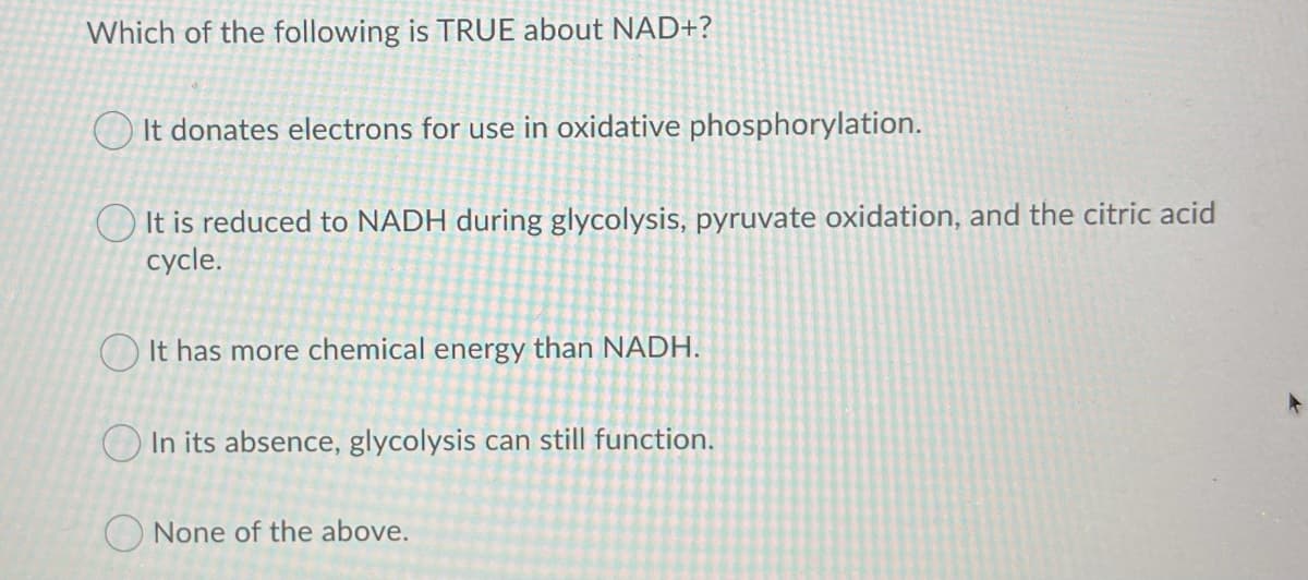 Which of the following is TRUE about NAD+?
O It donates electrons for use in oxidative phosphorylation.
O It is reduced to NADH during glycolysis, pyruvate oxidation, and the citric acid
cycle.
O It has more chemical energy than NADH.
O In its absence, glycolysis can still function.
O None of the above.
