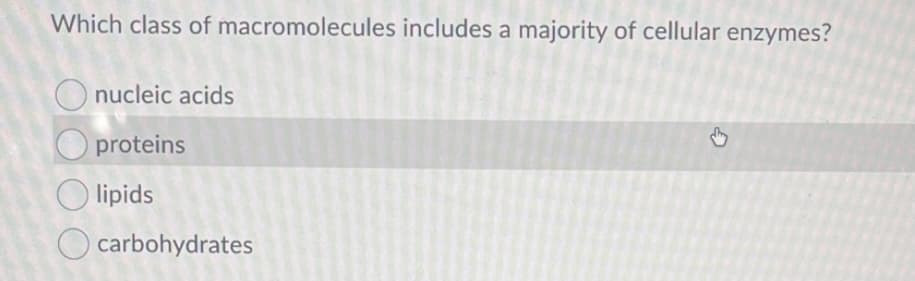 Which class of macromolecules includes a majority of cellular enzymes?
O nucleic acids
proteins
lipids
O carbohydrates
