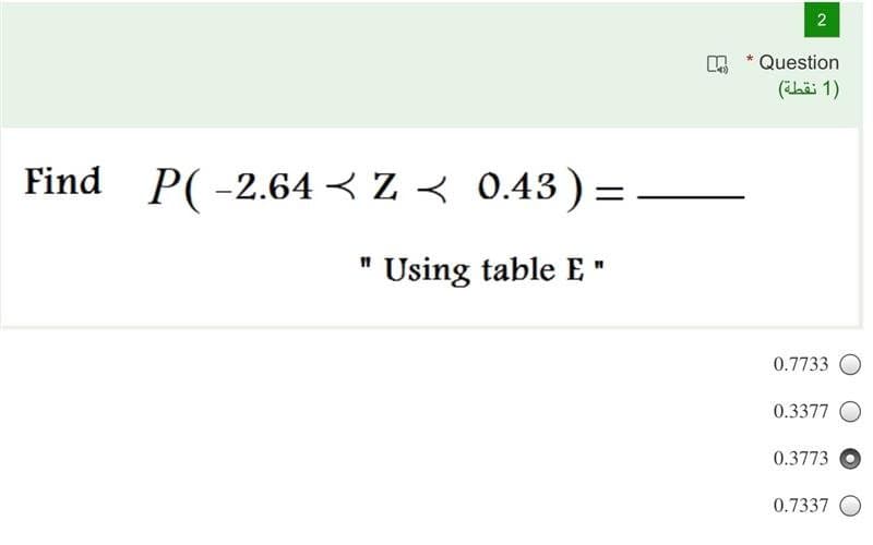 Question
(ihài 1)
Find P( -2.64 < Z < 0.43)=
Using table E"
0.7733
0.3377
0.3773 O
0.7337
