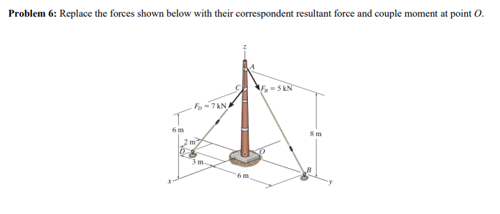 Problem 6: Replace the forces shown below with their correspondent resultant force and couple moment at point O.
Fa = 5 kN
F = 7 kN
6 m
8 m
m
D.
3 m
6 m
