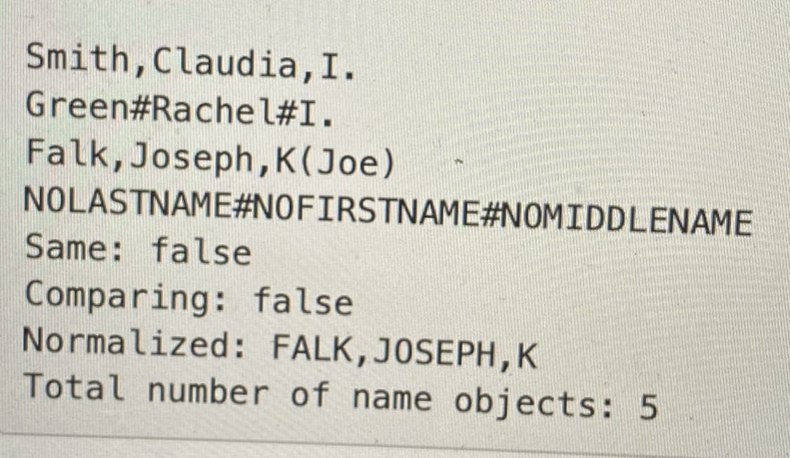 Smith,Claudia, I.
Green#Rachel#I.
Falk, Joseph, K(Joe)
NOLASTNAME#N0FIRSTNAME#NOMIDDLENAME
Same: false
Comparing: false
Normalized: FALK,JOSEPH, K
Total number of name objects: 5

